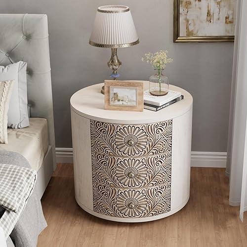 Miniatura 7 de COSIEST Cómoda de 3 cajones, armario de almacenamiento redondo de MDF de 20 pulgadas, mesita de noche retro con acabado blanqueado, mesita de noche