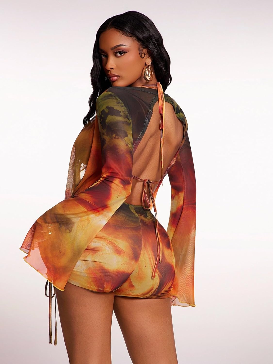 WDIRARA Women's Tie Dye 3 Piece Outfits Draped Mesh Ruched Shorts Set Beach Vacation Outfits - Image 2