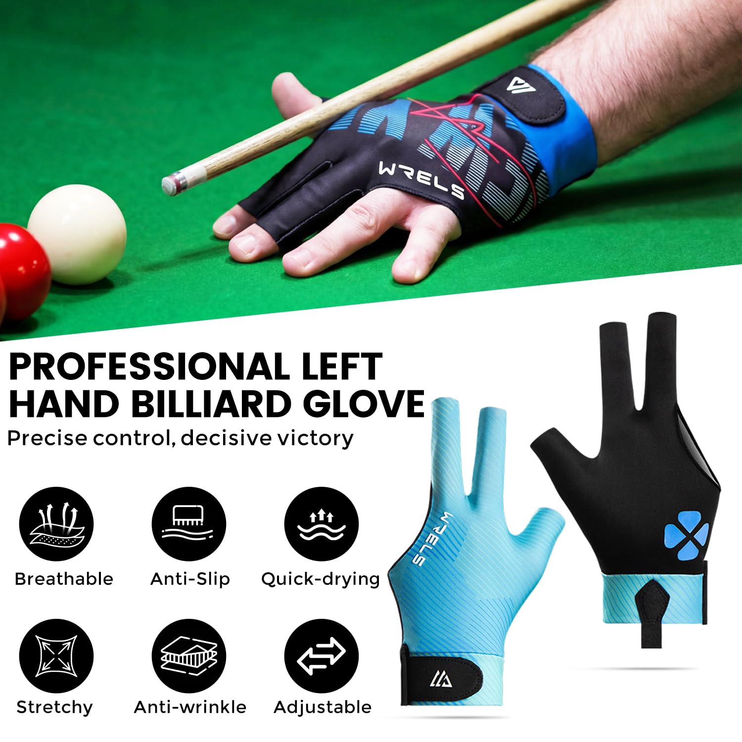 WRELS Guante de billar profesional antideslizante para mano izquierda, 3 dedos, ajustable, para hombre y mujer — view 2