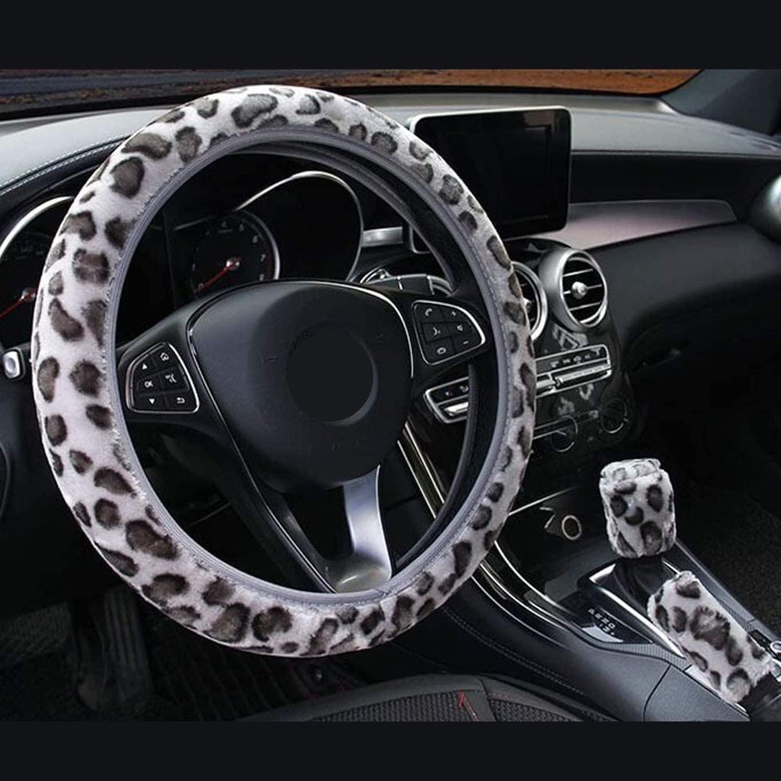 ALVAZA Fashion Leopard Plush Car Steering Wheel Cover 3Pcs Universal 15 inch Elastic Sleeve No Inner Ring Elastic Fabric Non-Slip Wear Resistant, Keeps Your Hands Warm in Winter.(Gray)