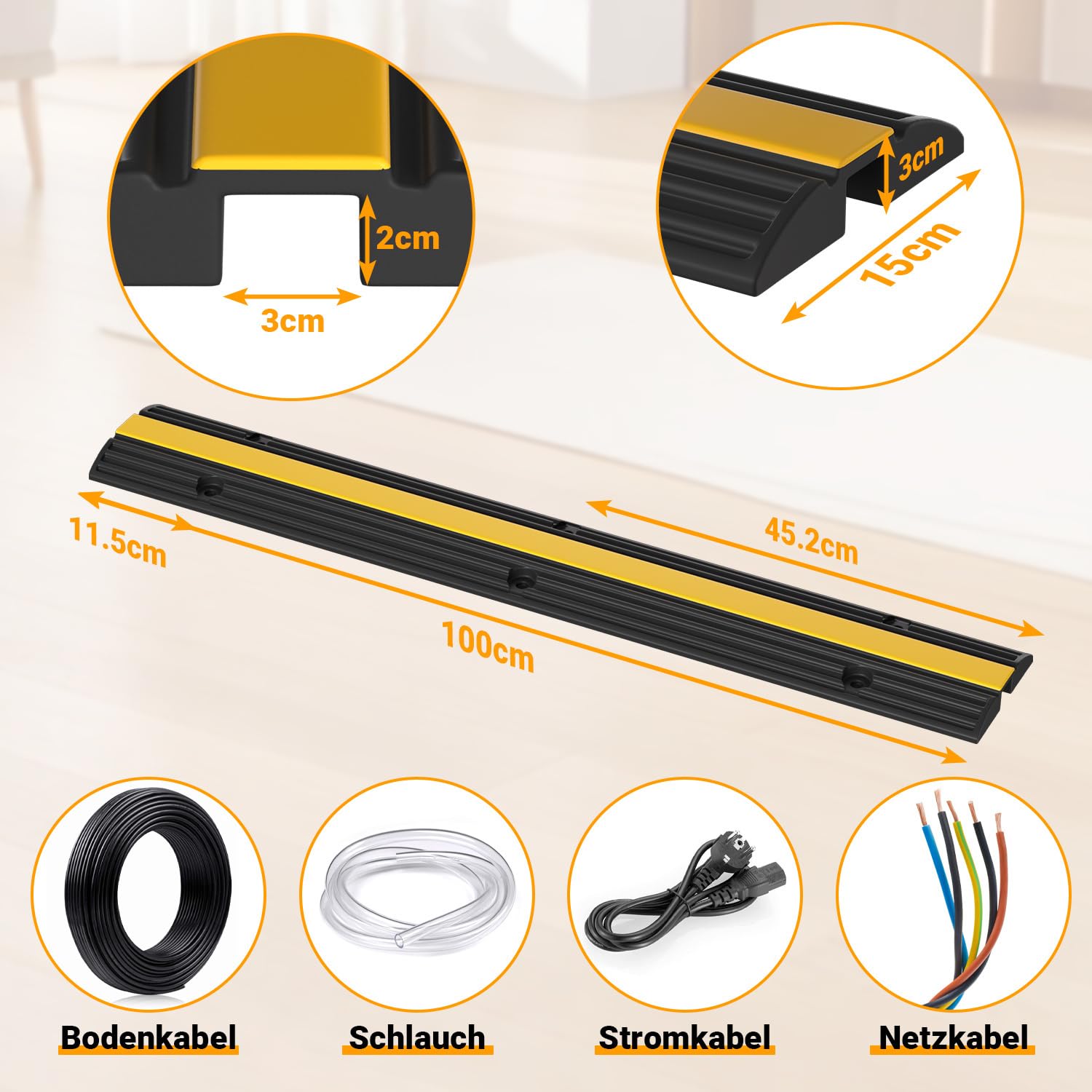 Canaleta para cables, 1 canal, 100 x 15 x 3 cm, estera protectora contra tropiezos de hasta 8 toneladas, de goma, para exteriores, para garaje, oficina (juego de 8)