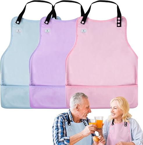 Miniatura 15 de Paquete de 3 baberos para adultos con atrapador de migas, baberos para comer, protectores de ropa para adultos, impermeables, lavables, babero de
