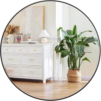 30 Inch Round Wall Mirror with Black Metal Frame | Wall Mounted Circle Mirror for Bathroom, Vanity, Entryway, Bedroom, Living Room | Contemporary Farmhouse Style