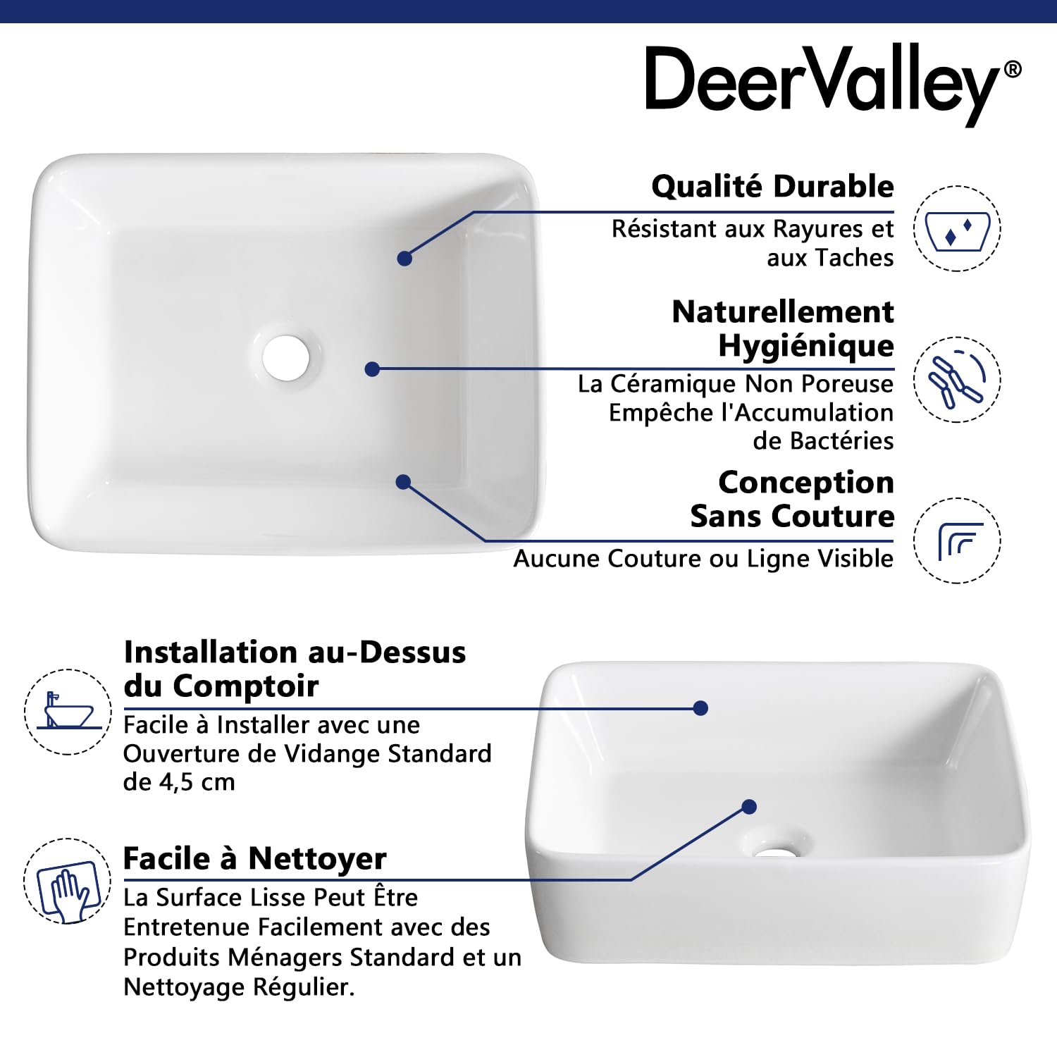 Vasque à Poser Salle de Bain DeerValley Rectangulaire Céramique Lavabo Wc,Blanc lavabo salle de bain 505mm*340mm