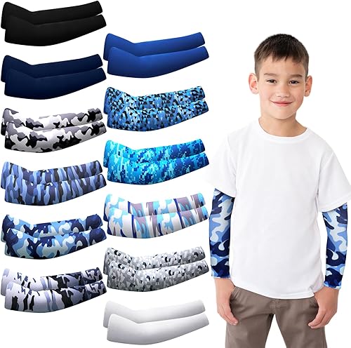 Miniatura 7 de Xuhal 10 pares de mangas de brazo para niños, mangas de compresión para brazos, manga de béisbol, protección solar UV, mangas de enfriamiento