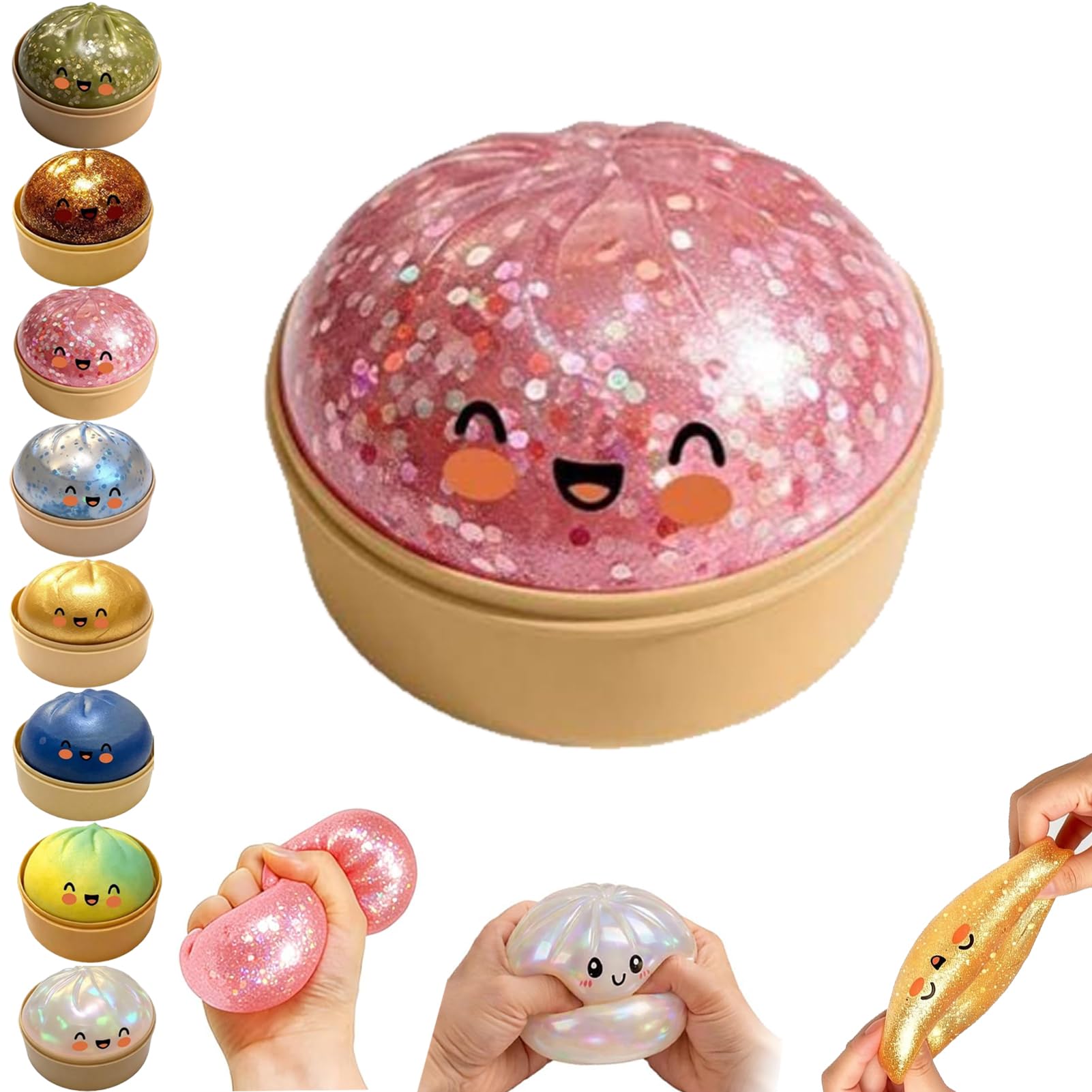 WENXUKHV Glitter Dumpling Squishy, Colorful Squishy Dumplings Toy with Steamer Box, Dumpling Stress Toy, Portable Decompression Sensory Toy, Sensory Stress Ball Squeeze Toys for Kids & Adults — image 1