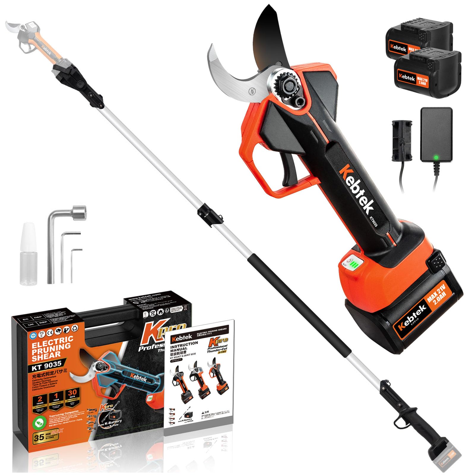 Kebtek KT 9035 Akku Astschere Teleskop, 2-In-1 Elektrische Gartenschere Teleskopstiel Max 40 mm(1.4") Schnittdurchmesser, mit 4000mAh Batterien 2.4m Verlängerungsstange, für Garten Baumbeschneidung