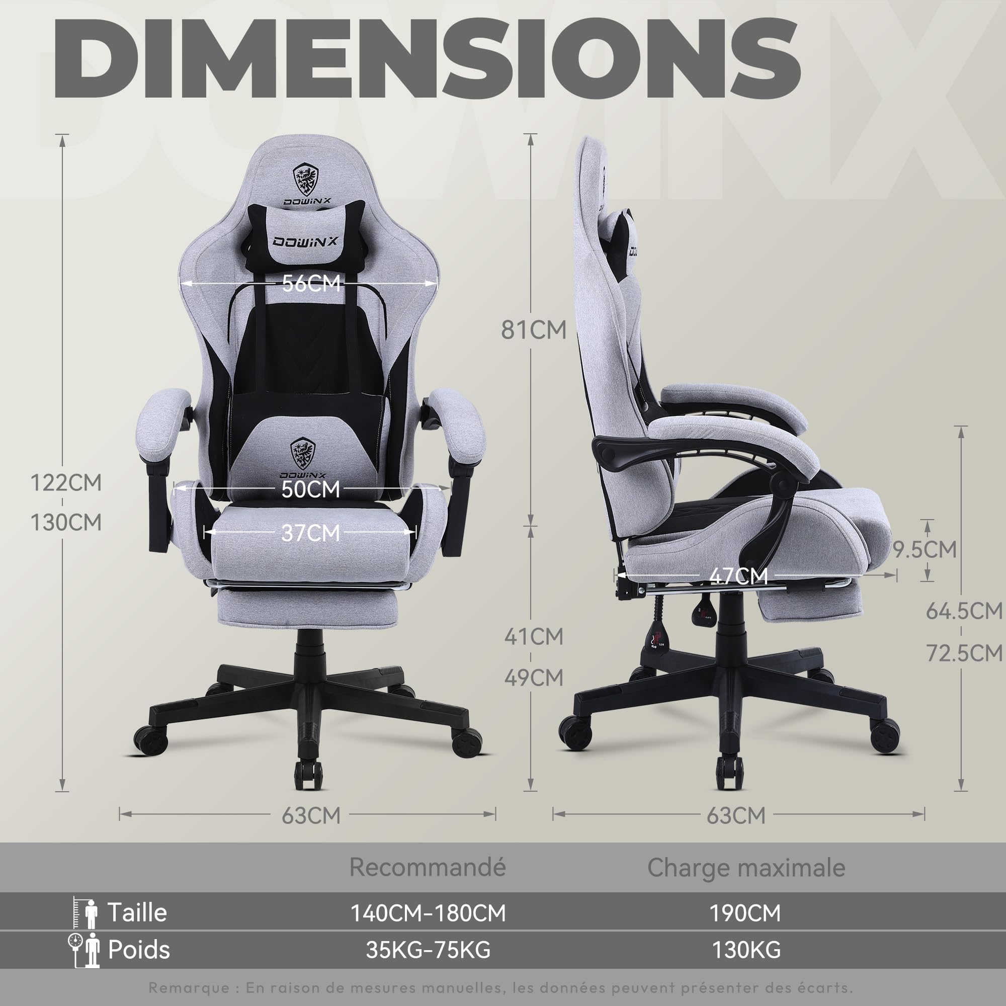 Dowinx Chaise Gaming Ergonomique, Fauteuil Gamer en Tissu Respirant avec Coussin Confortable à Ressorts Ensachés, Siège Gaming avec Appui-Tête et Repose-Pieds Rétractable, 150 kg, Noir et Gris