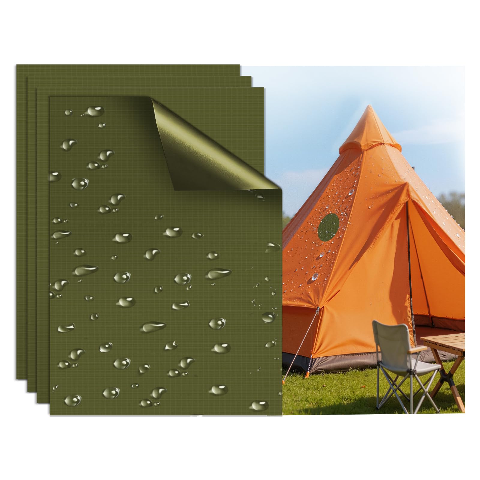 Waterproof Nylon Tent Repair Kit Patches – Outdoor Gear Ripstop Fix Fabric Repair Tape, Self-Adhesive Patches for Clothing, Down Jacket, Puffer Coat, Sleeping Bag, Backpack, 4PCS ArmyGreen — image 1