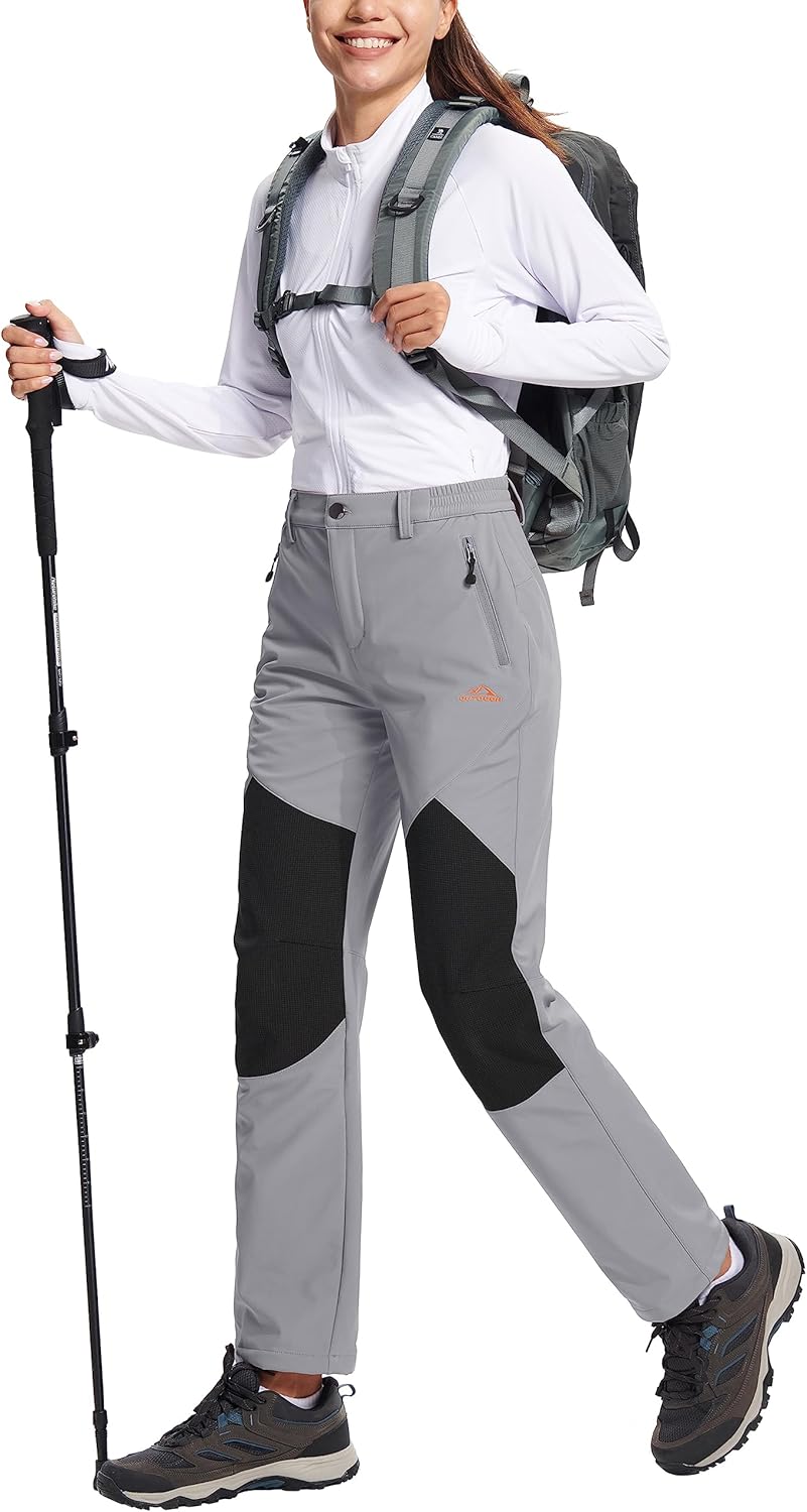TACVASEN Women's Fleece Lined Hiking Pants Warm Windproof Softshell Outdoor Winter Snow Ski Pants with Zipper Pockets