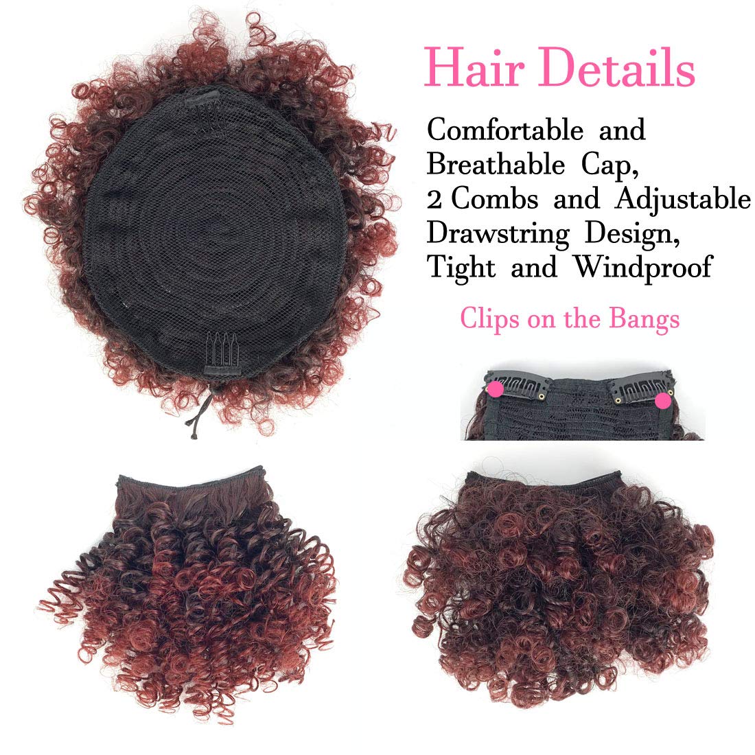 Afro Puff Drawstring Ponytail Extensions with 2 Bangs Pineapple Hair for Black Women Synthetic Short Kinky Curly Ponytail Bun with Bangs Hairpiece Pony Tail T1B/Bug