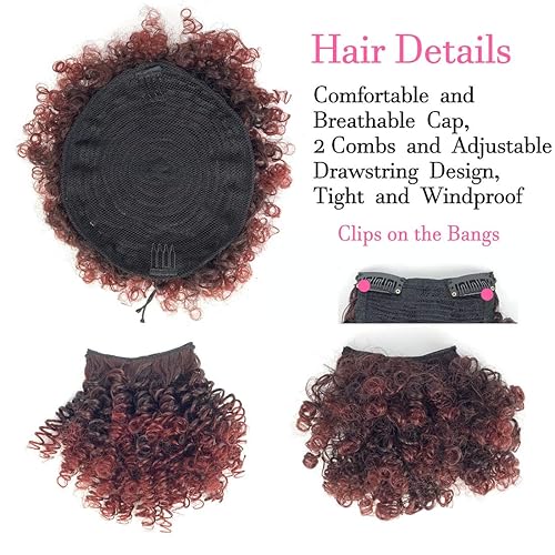Miniatura 2 de Juego de 4 piezas de extensiones de cola de caballo afro con cordón y 3 flequillo, pelo de piña para mujeres negras, sintético, corto, rizado, moño