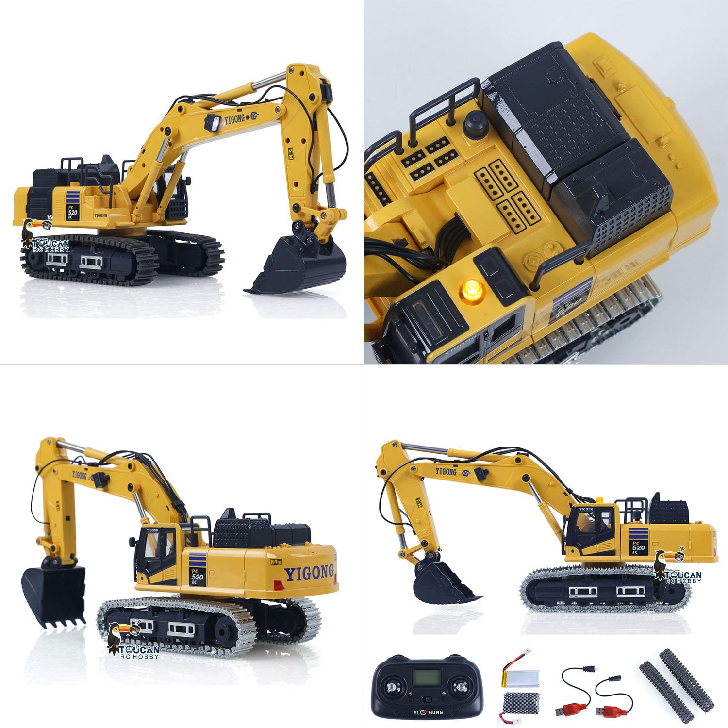 TOUCAN RC HOBBY 1/50 RC escavatore PC520, hub elettrico, controllo radio, escavatore, veicolo tecnico, catene metalliche, luci, suono, piccola collezione