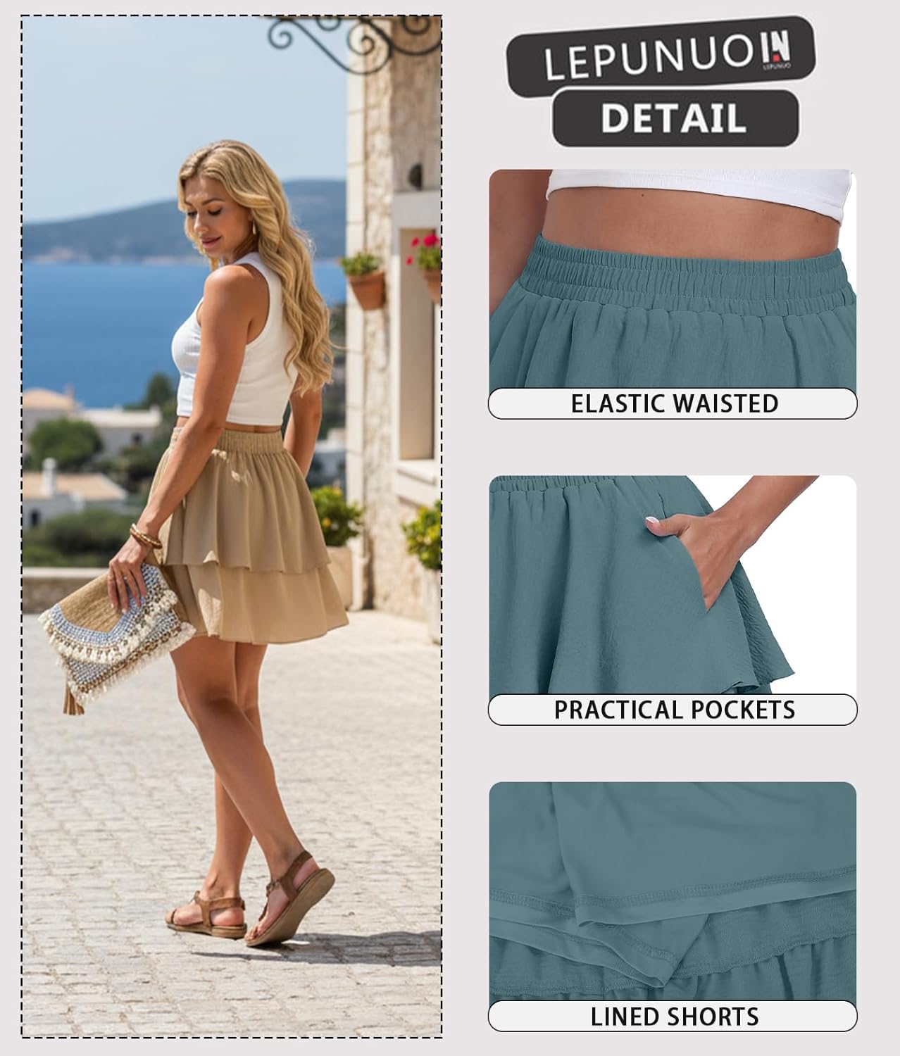 Lepunuo Boho Mini Skirts for Women Flowy Ruffle Tiered Skorts Skirts with Short Underneath with Pockets Beach Vacation - Image 4