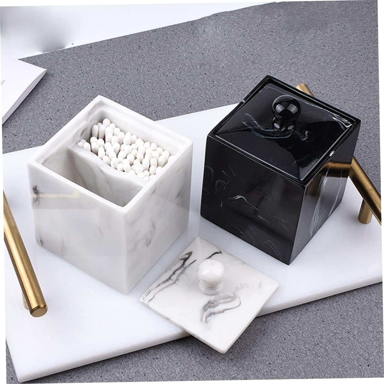PRETYZOOM 2pcs Double Grids Marble Cotton Swab Organizer Lid Elegant Resin Makeup for Home Storage Modern Design for and Swabs Space-saving Essential Black