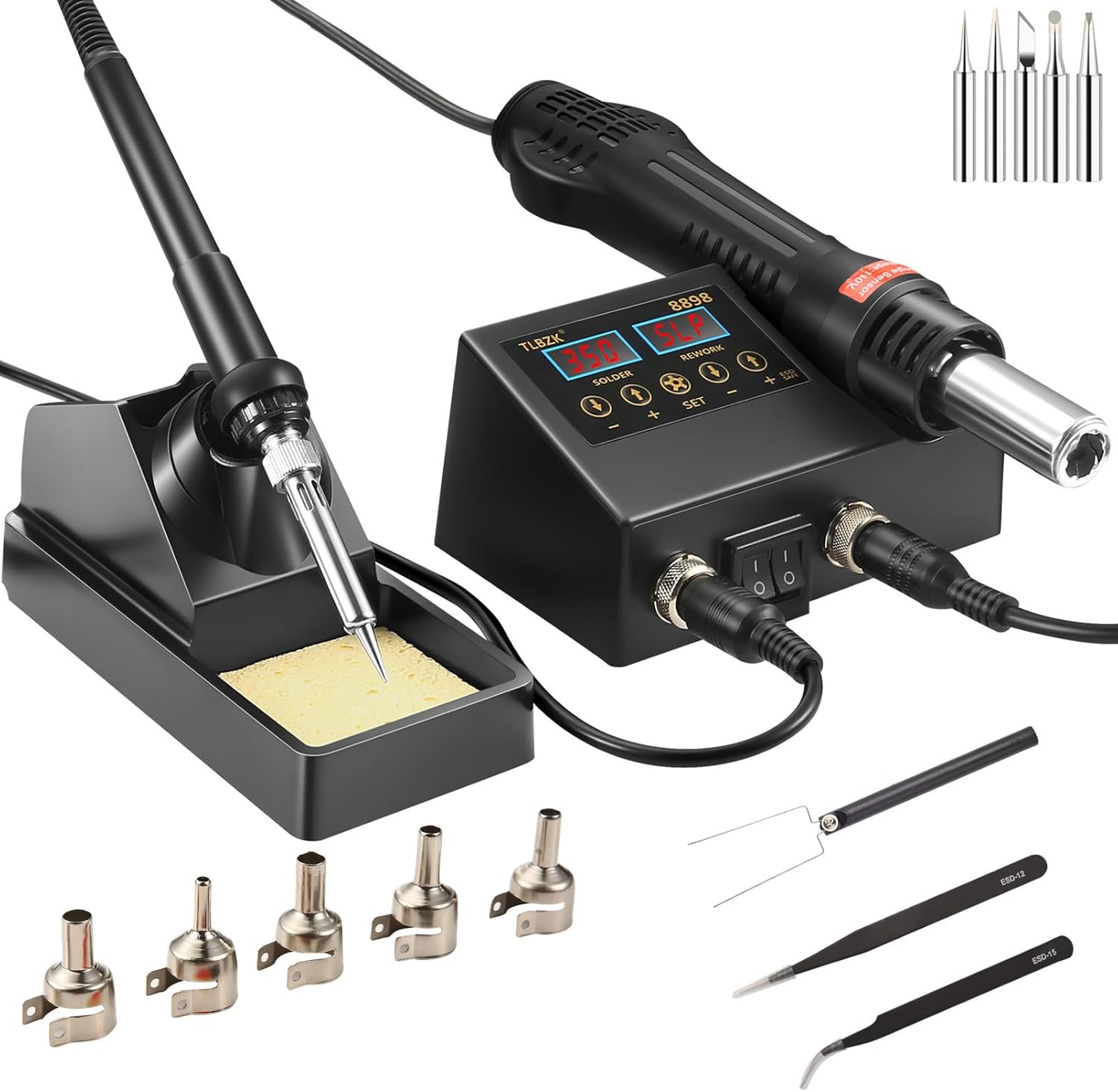 Rework Soldering Station, 2 in 1 SMD Hot Air Solder Station and Soldering Iron Kit Heat Gun with Soldering Tips, Hot Air Nozzles, Tweezers