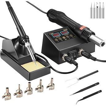 Rework Soldering Station, 2 in 1 SMD Hot Air Soldering Station and Soldering Iron Kit Heat Gun, Soldering Tip, Hot Air Nozzle, Tweezers Included