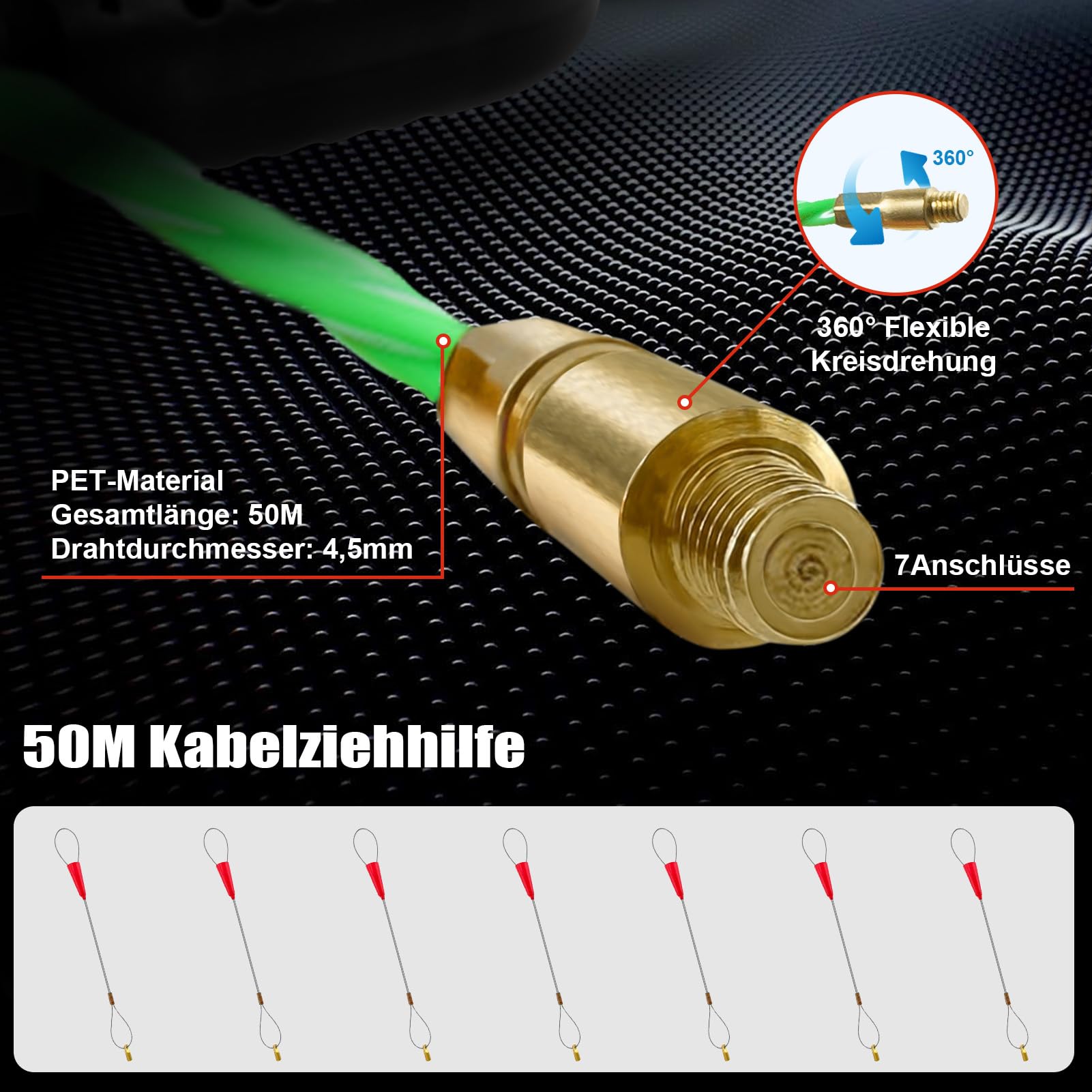 Kabeleinziehhilfe 4,5mm 50m, Einziehspirale 50m, Einziehhilfe für Kabel mit 7 FüHrungsfedern, Kabelziehhilfe mit Kunststoffgehäuse für Elektroarbeiten Telekommunikation Datenverkabelun