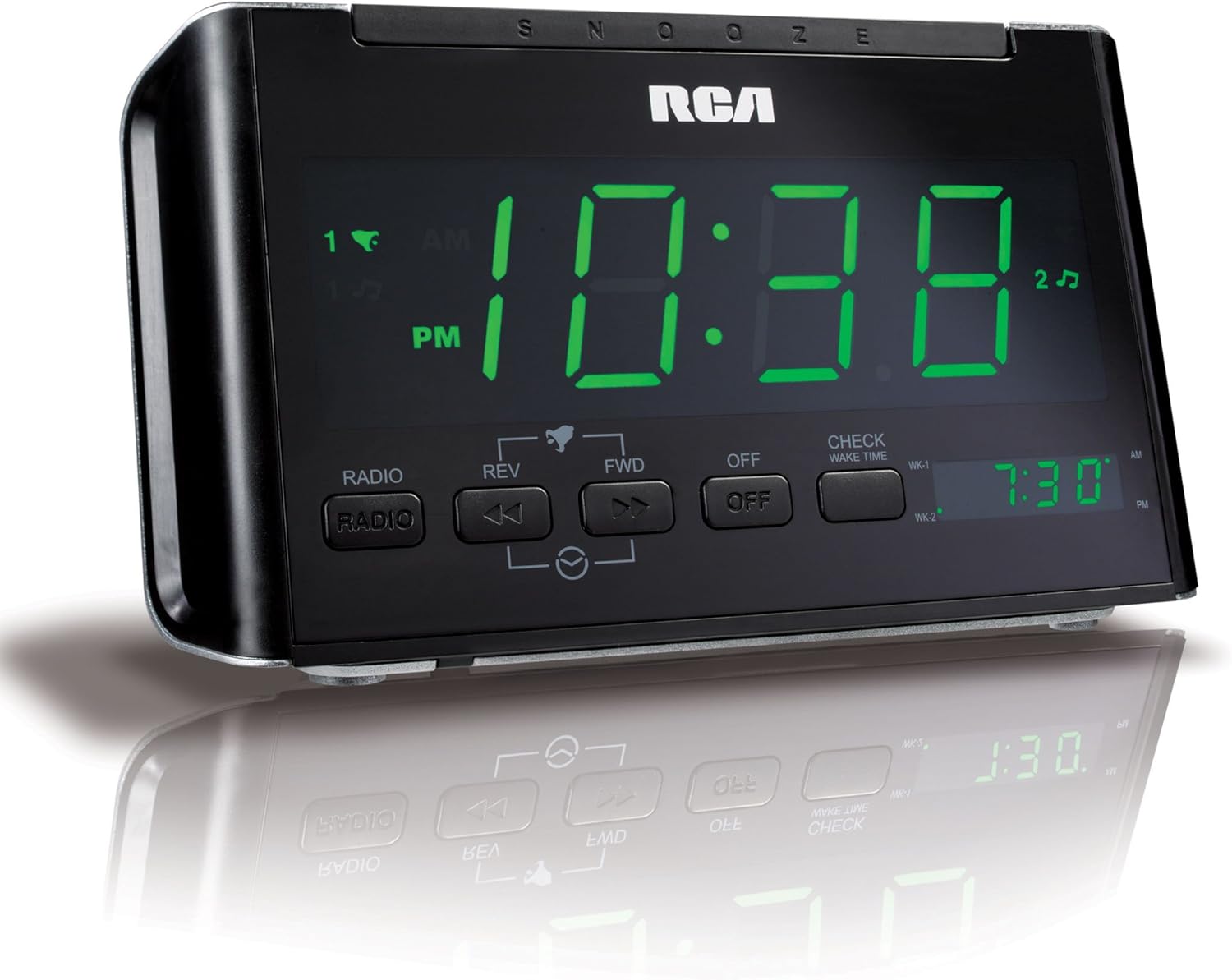 RCA RC40 AM/FM Alarm Clock Radio with Large Green LED Display (Black