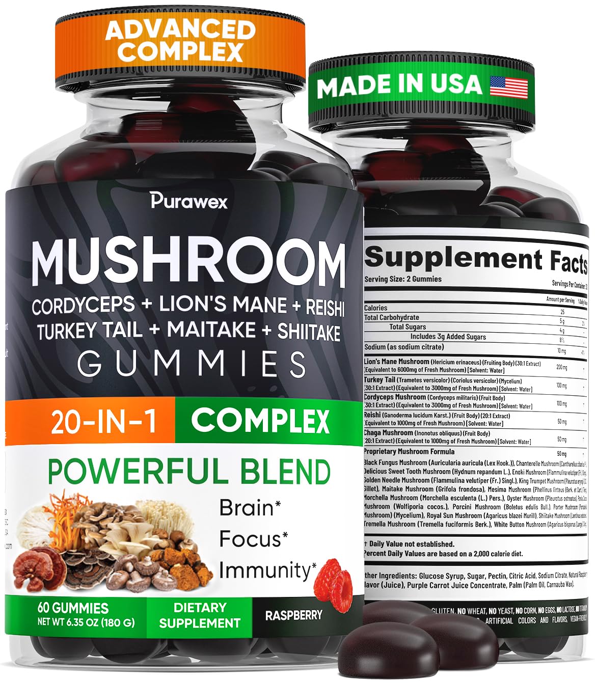 Mushroom Gummies, 20 in 1 Complex, Cordyceps, Reishi, Turkey Tail, Maitake, Shiitake, Lion Mane Mushroom Supplement for Immune, Focus, Energy Support, Gotu Kola, Vegan - Raspberry, 60 Count