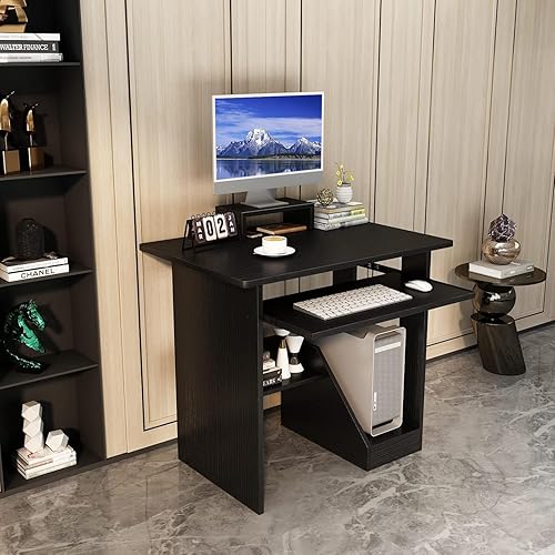 Miniatura 12 de Escritorio pequeño de 30 pulgadas para computadora para espacios pequeños con estantes, bandeja para teclado, almacenamiento, soporte para monitor,