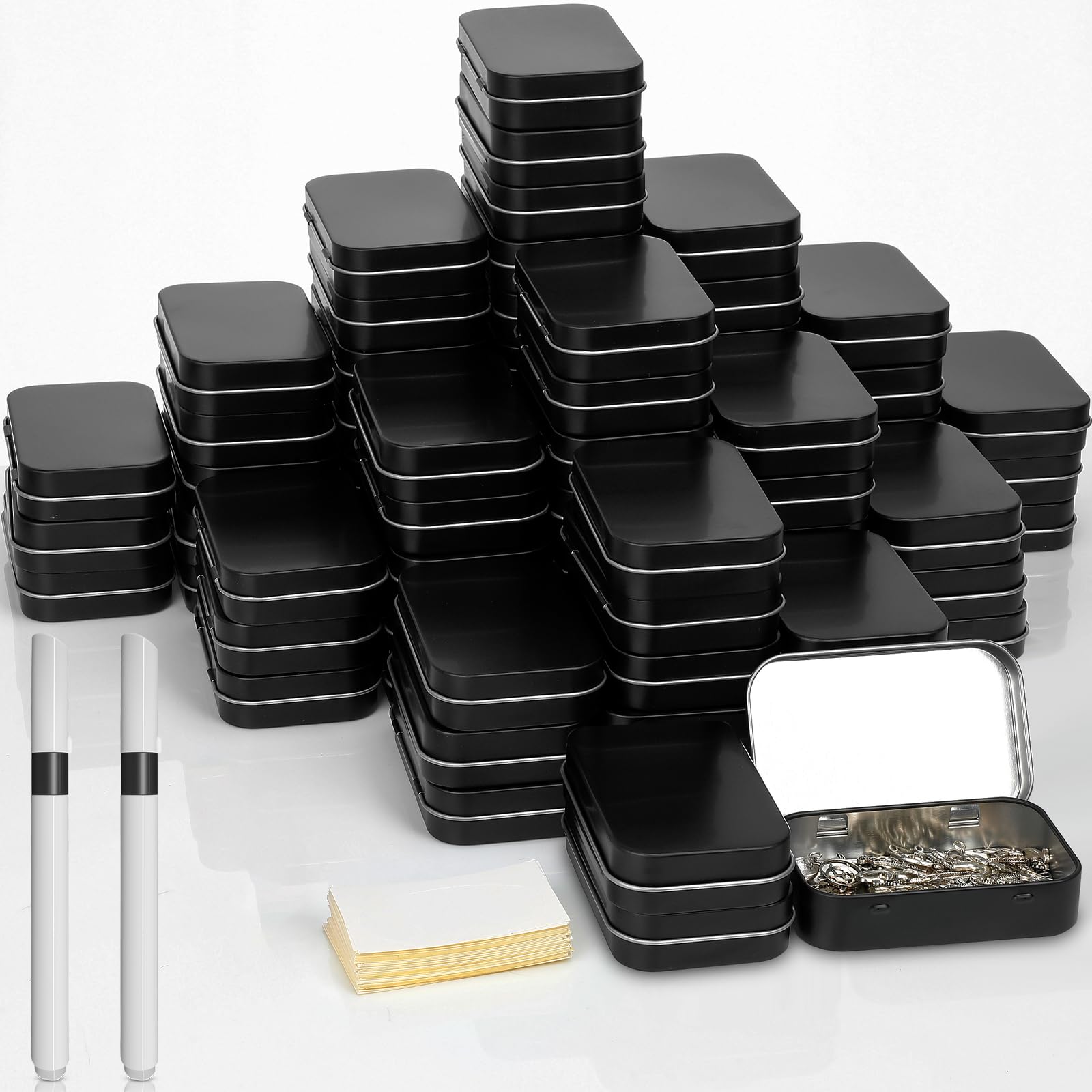 meekoo 162 Pcs Metal Small Tins with Lids Empty Rectangular Hinged Tins Storage Container Kit Includes 80 Tin Box 3.7 x 2.4 x 0.8 Home Organizers with Lid 80 Adhesive Tags 2 Black Pen(Black)