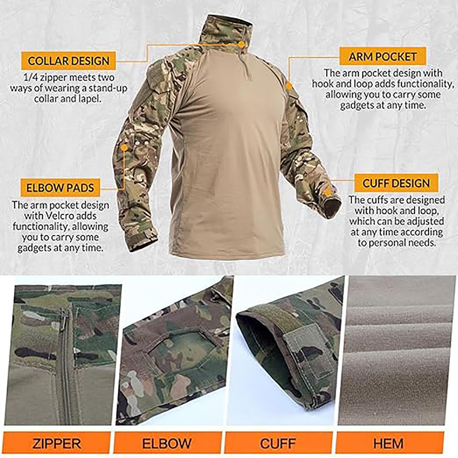 HAZARA Tuta Mimetica da UOM con Gomitiere,Ginocchiere E Guanti da Combattimento Maglia Tattica Ideale per Paintball,Combattimento,Caccia,Camo-L