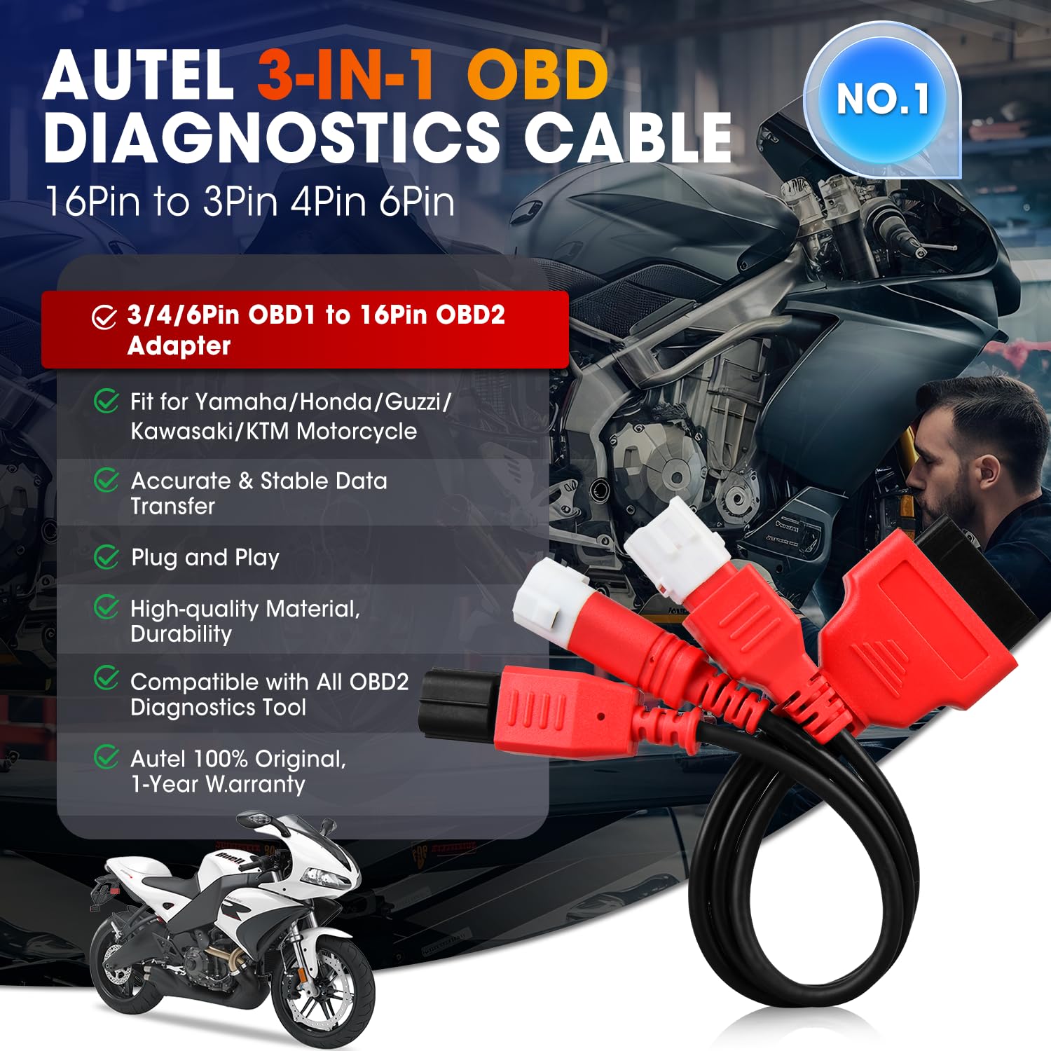 Original 3-in-1 OBD2 Adapter Cable,16 Pin To 6/4/3 Pin OBD Diagnostic Cable Obd2 Obd1 6pin 4pin 3pin Plug Adapter Motorcycle Honda Guzzi Kawasaki Suzuki