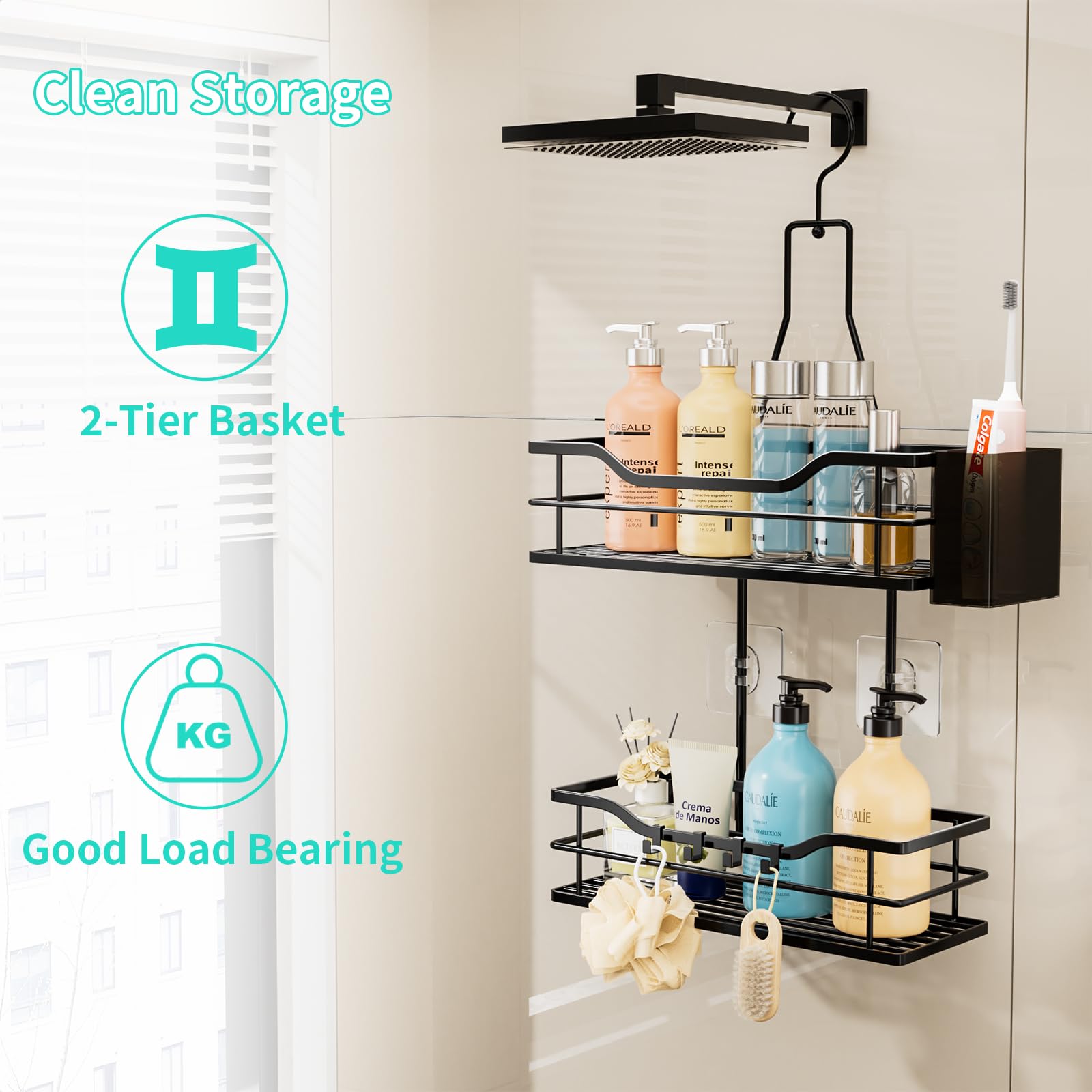 HapiRm Shower Caddy Hanging Organiser, 2 Tier Bathroom Caddy Organiser with 360° Rotatable Top Hook and 4 Hooks - Image 2