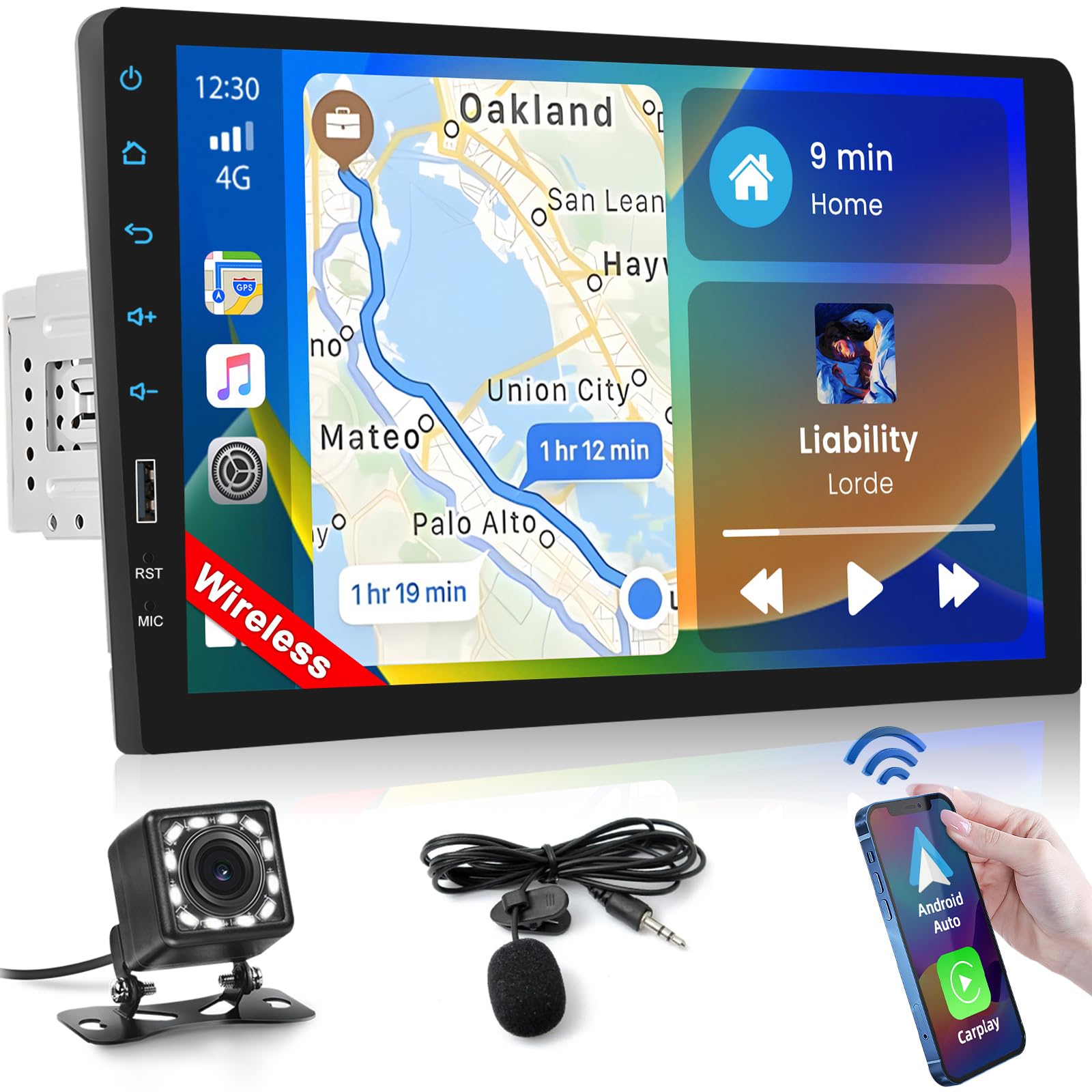 Inefala Radio de Coche 1 DIN con CarPlay Inalámbrico y Android Autoradio, Radio Coche Bluetooth 1 DIN, 9" Pantalla Táctil Autoradio Soporte Mirror Link/FM Radio/USB/Cámara de Respaldo