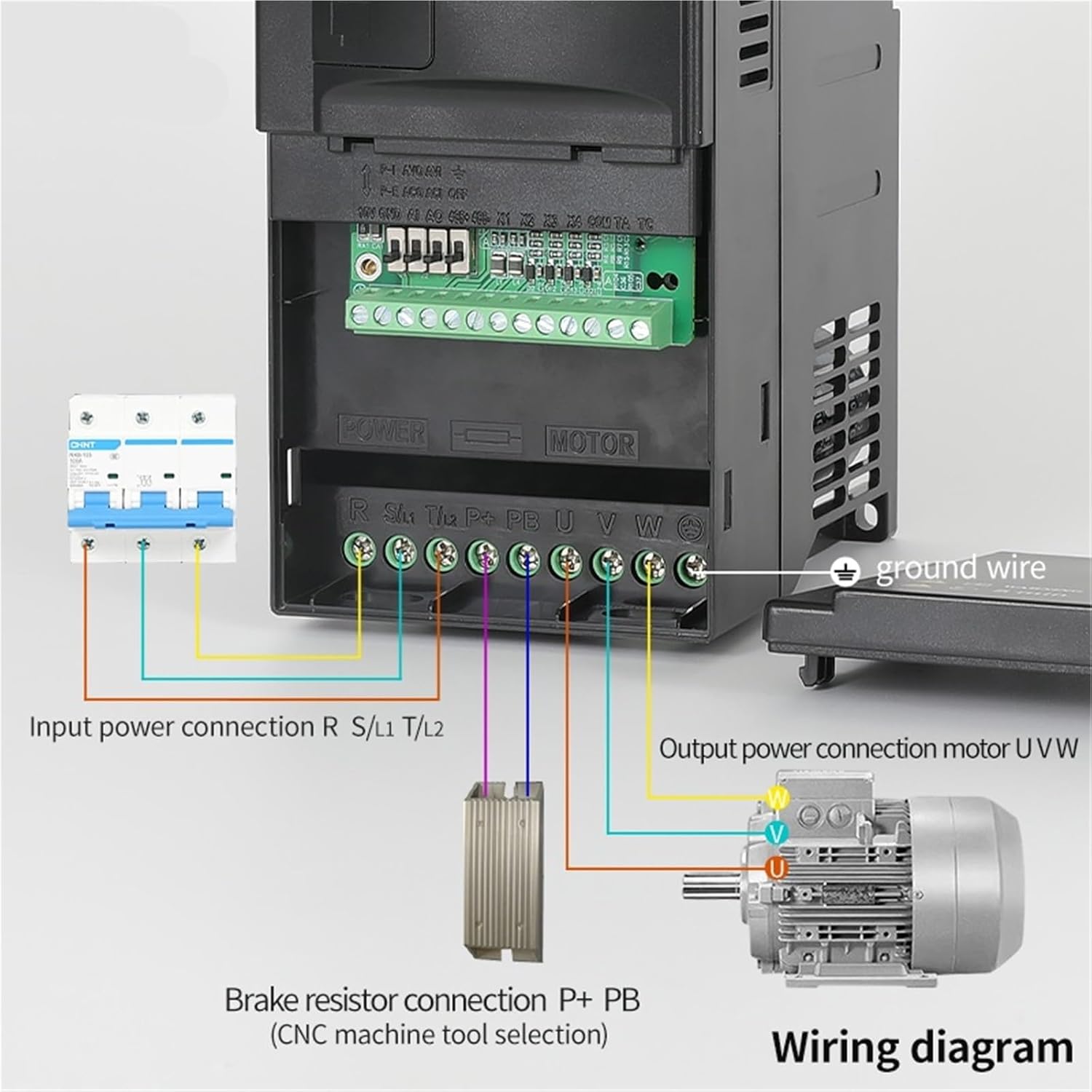 Wiring diagram for the VFD showing input, output, and brake resistor connections