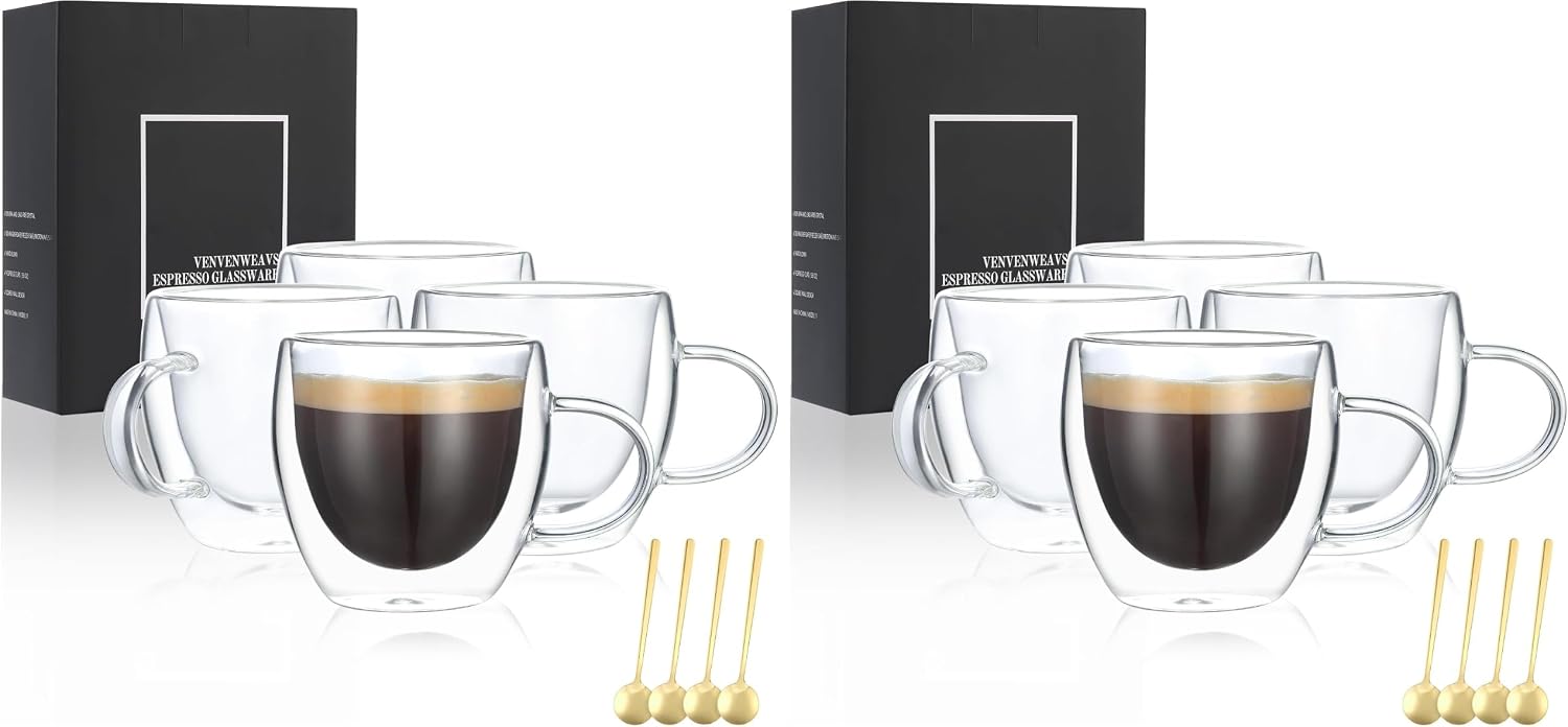 VENVENWEAVS Espresso Cups Set Of 4,Double Wall 5OZ Hand Blown coffee Shots Glass,Espresso Coffee Mugs In Gift Box,Perfect For Espresso,Latte,Cappuccinos,Tea Bag,Juice (Pack of 2)