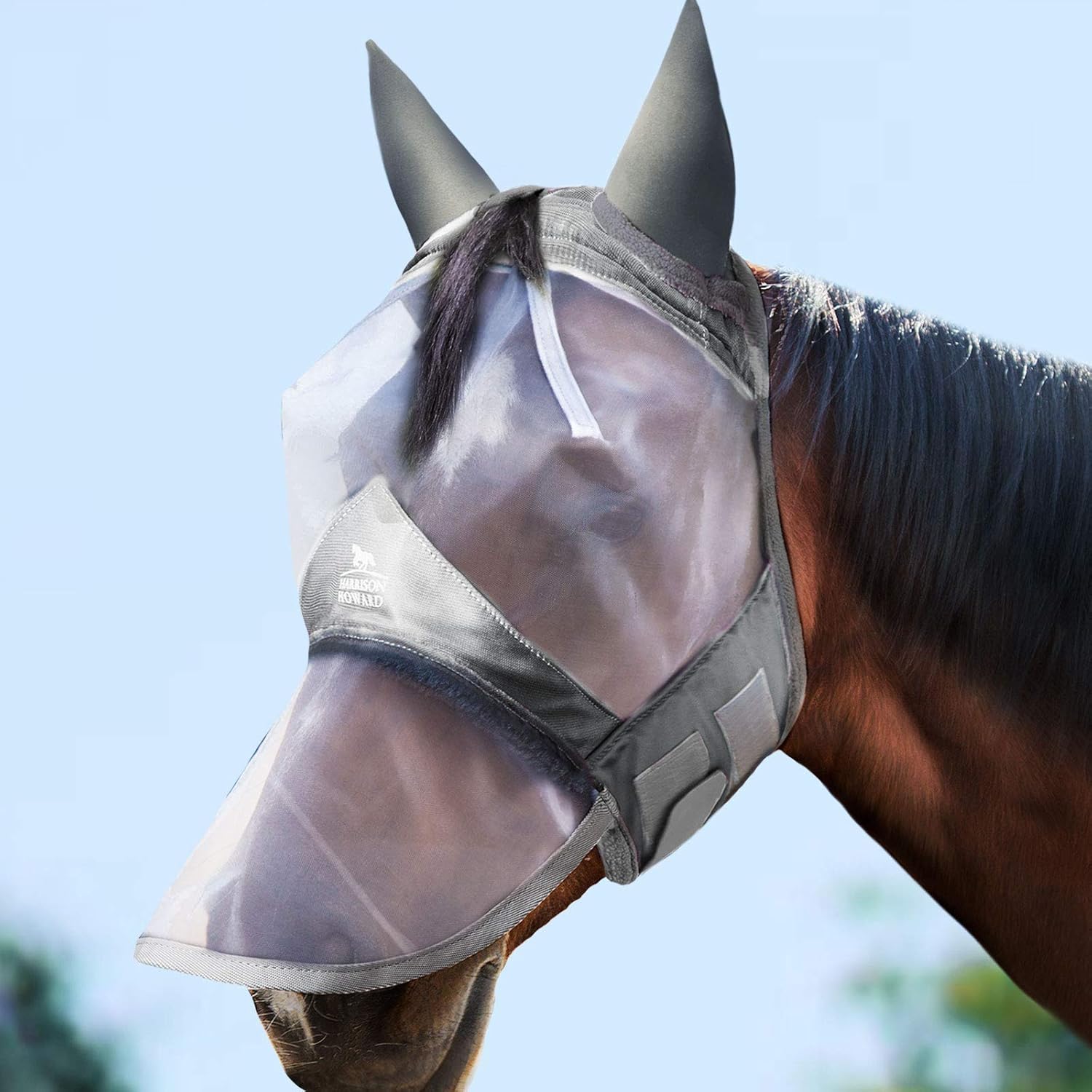 Harrison Howard Soundproof Horse Fly Mask Long Nose with Ears Mesh Fleece Padded UV Protection for Horse (Silver Grey) : Pet Supplies