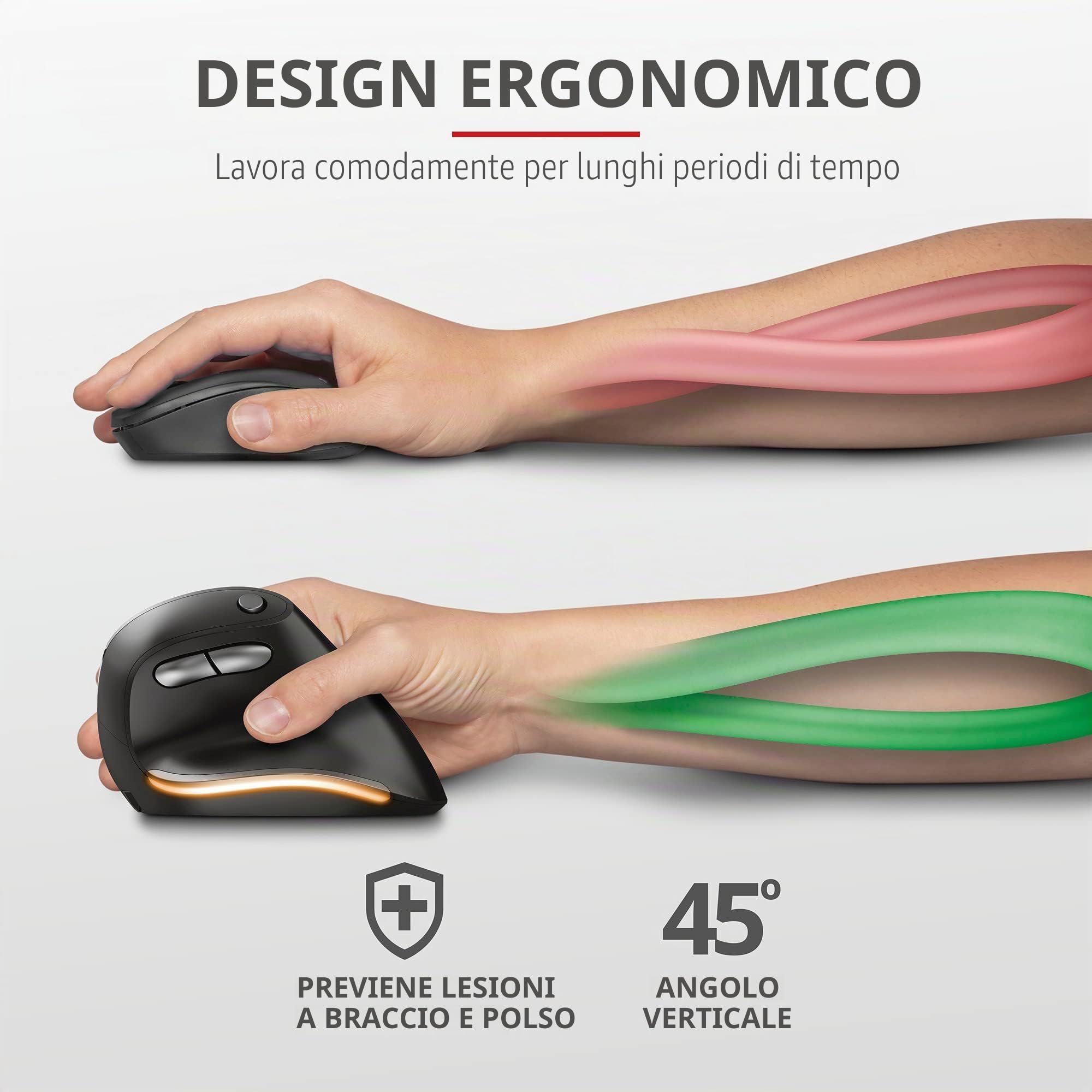Trust Bayo Mouse Verticale Wireless Ricaricabile, Mouse Ergonomico Senza Filo, 800-2400 DPI, RF 2.4GHz, 6 Pulsanti, Ricevitore USB, Portata 10 m, Luce RGB, per PC, Computer, Laptop, Mac - Nero