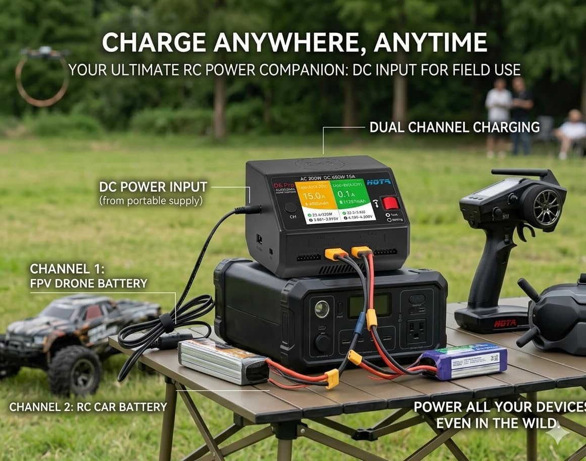 HOTA D6 Pro Lipo Charger Dual Channel 15A AC200W/DC650W for 1-6S LiPo NiMH Pb Battery, Wireless Charging Panel 5V USB Output,Compatible with RC Car, Boat, FPV Race Drone Parts