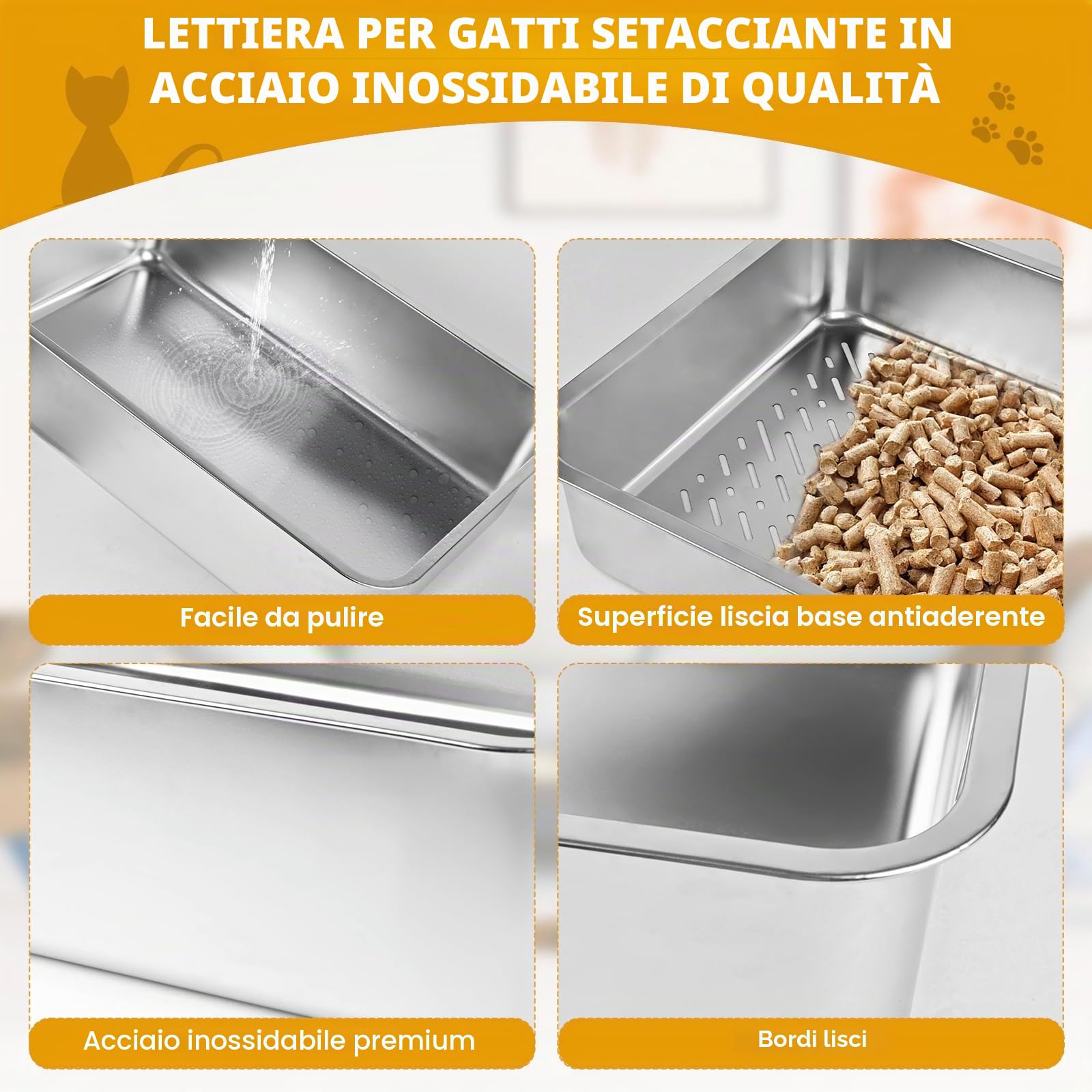 Gabinetto per lettiera in acciaio inossidabile con coperchio, grande vassoio per riempimento per lettiera per gatti con pellet di pino e gatti di piccola taglia (20 cm)