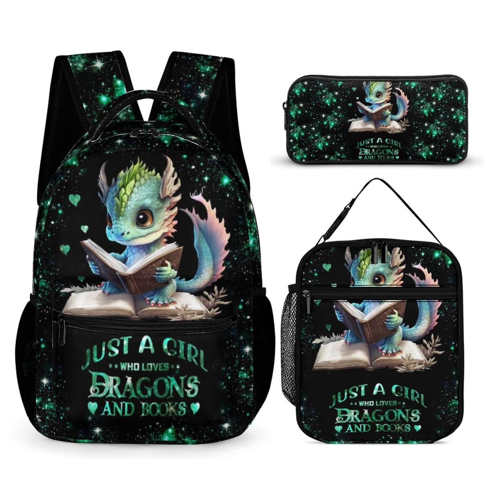 Homieblanket Dragon Backpack with Lunch Box & Pencil Case, 16 Inch Cute Dragon Themed Bookbag, Adjustable Lightweight Large Capacity, Colorful Dragon