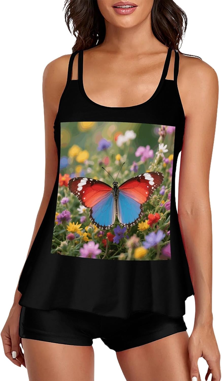 Butterfly Tankini Swimsuits for Women Tummy Control Two Piece Bathing Suits Swim Tops with Boy Shorts