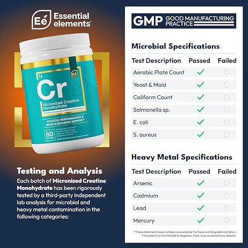 Miniatura 2 de Essential Elements Monohidrato de creatina en polvo para mujeres y hombres, creatina micronizada instantánea, suplementos en polvo de creatina pura