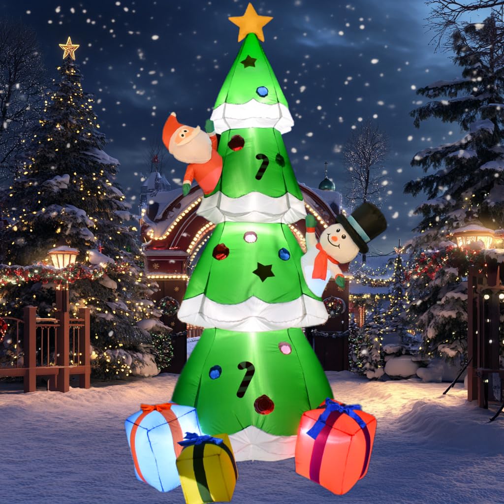ZXSWONLY Sapin de Noël gonflable vert de 9 pieds avec lumières LED intégrées, décoration de Noël gonflable avec Père Noël et bonhomme de neige pour le jardin de fête de Noël