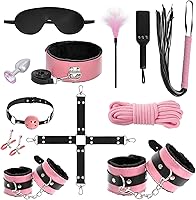 Vista 13 de Rbenxia 12 piezas de kits de restricciones BDSM Bondage para el sexo, esposas de fetiche, esposas de tobillo, collar, venda para los ojos, látigo