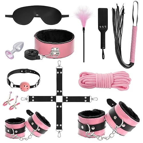 Rbenxia 12 PCS Sex Bondage BDSM Restraints Kits Fetish Handcuffs Ankle Cuff Collar Blindfold Whip Rope Nipple Clamps Paddle Anal Toys Ball Gag Adult Games Foreplay Sexy Toys for Couples (Pink & Black) - Pink & Black