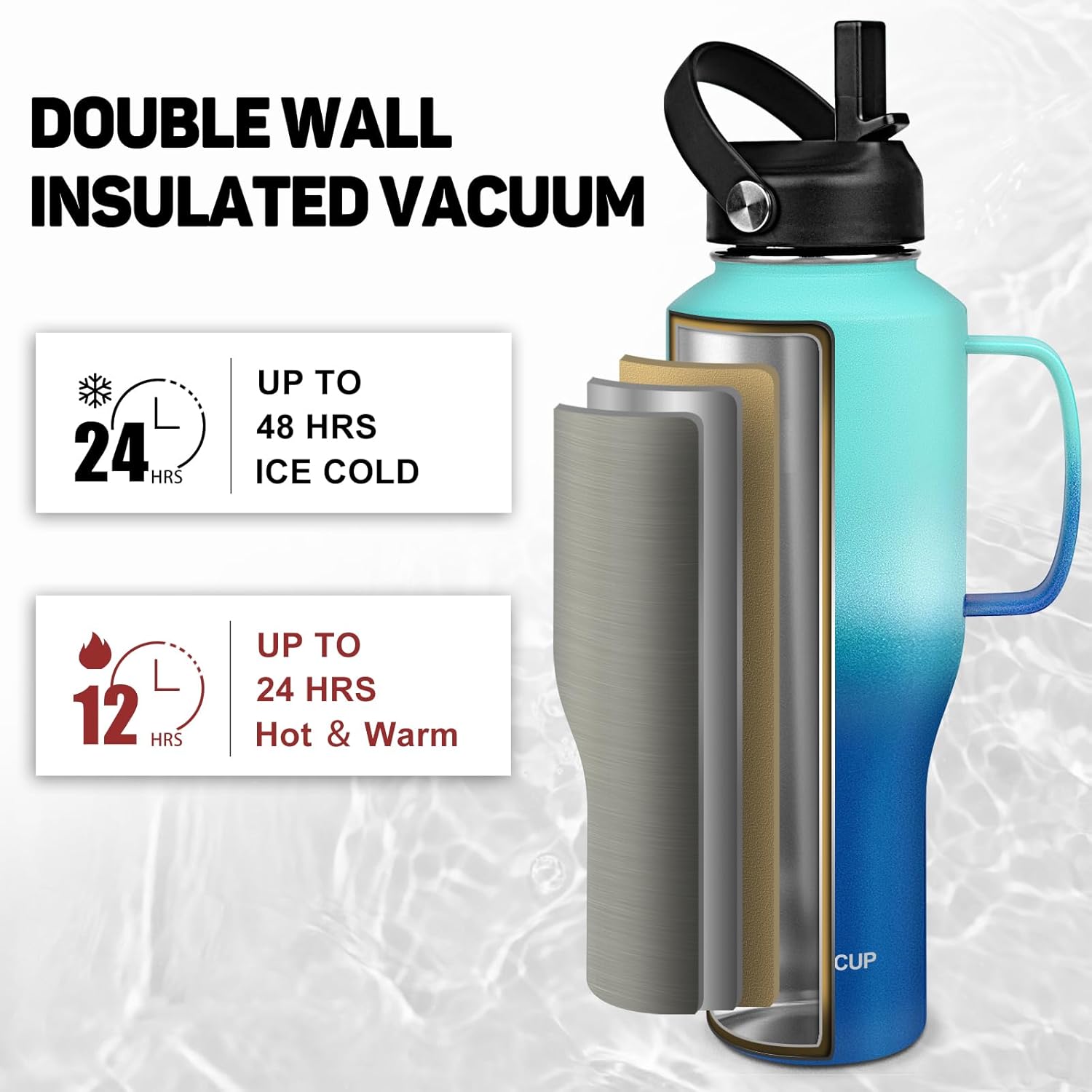 Water Bottle 40oz, Insulated Water Bottle with Handle & Straw Lids, Stainless Steel Water Bottle Fits in Any Car Cup Holder, Travel Cup Double Wall BPA-Free Leak-proof to Keep Cold &Hot - Image 2