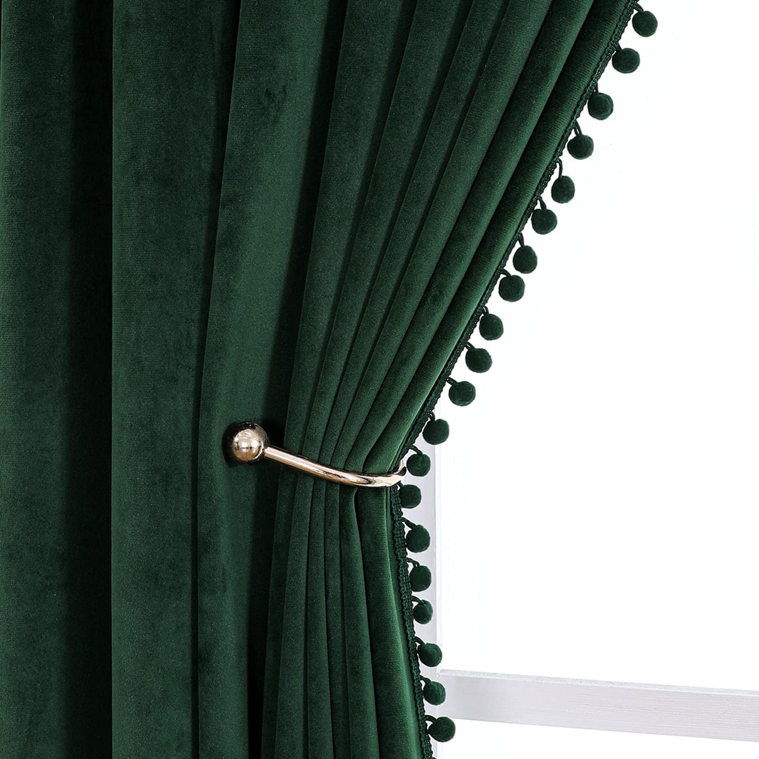 VANASEE Pompom Velvet Curtains for Bedroom Rod Pocket 52x90 inch Soft Blackout Window Curtains Room Darkening Drape Light Blocking for Living Room 2 Panels,Green