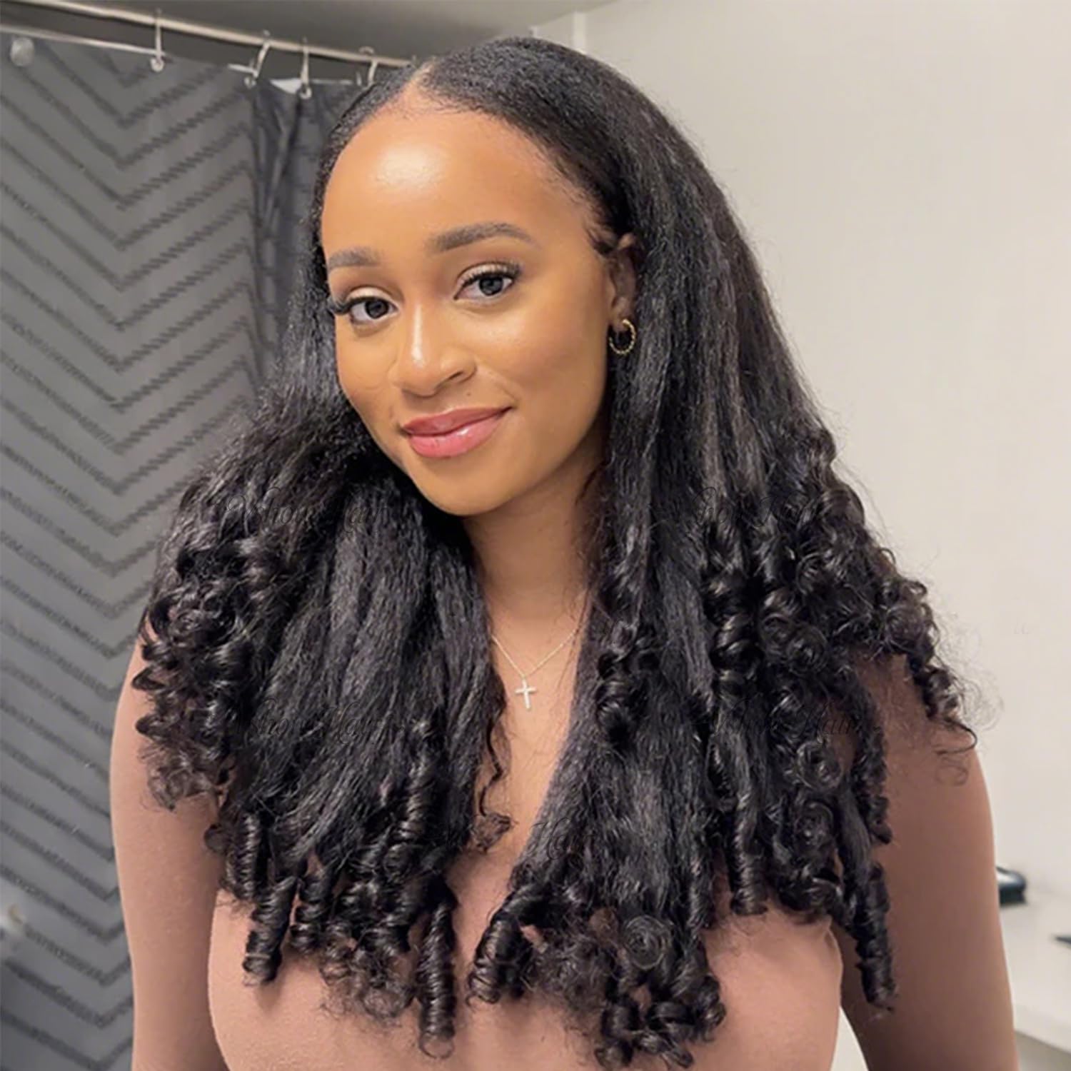 V SHOW V Part Wig Human Hair Kinky Straight With Spiral Curly End Burmese Curly Glueless With Drawstring Upgrade U Part Wigs No Leave Out Clip In Half Wig Beginner Friendly Natural 180% Density22inch