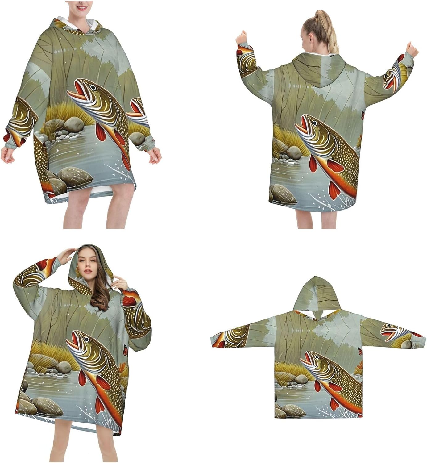 Brook Trout Fish Fishing Print Blanket Hoodie Fleece Sweatshirt Blanket With Sleeves And Pockets
