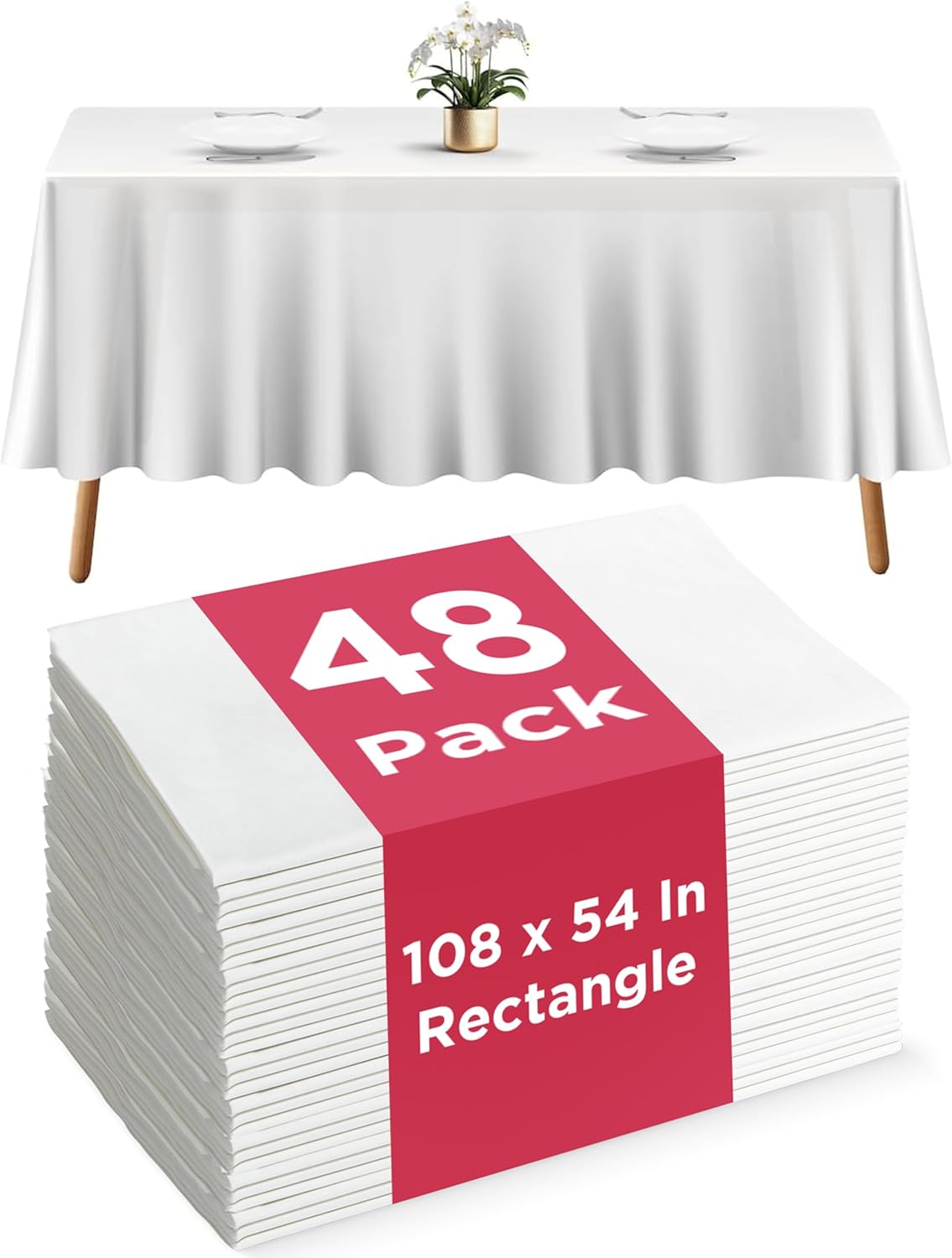 Prestee 48 White Plastic Tablecloth 108x54 Inches - No See-Through Rectangular Disposable Tablecloths for Indoor and Outdoor Events - Heavy-Duty and Waterproof for Holiday and Thanksgiving