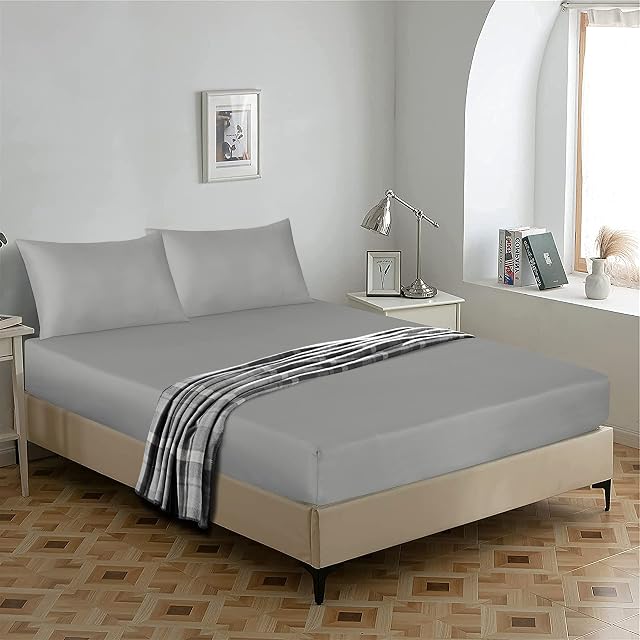 AR Ware Fitted Bed Sheet Microfibre 25cm Depth Super Soft Non Iron Shrinkage and Fade Resistant Luxury Bedding Sheets (Grey, Double)