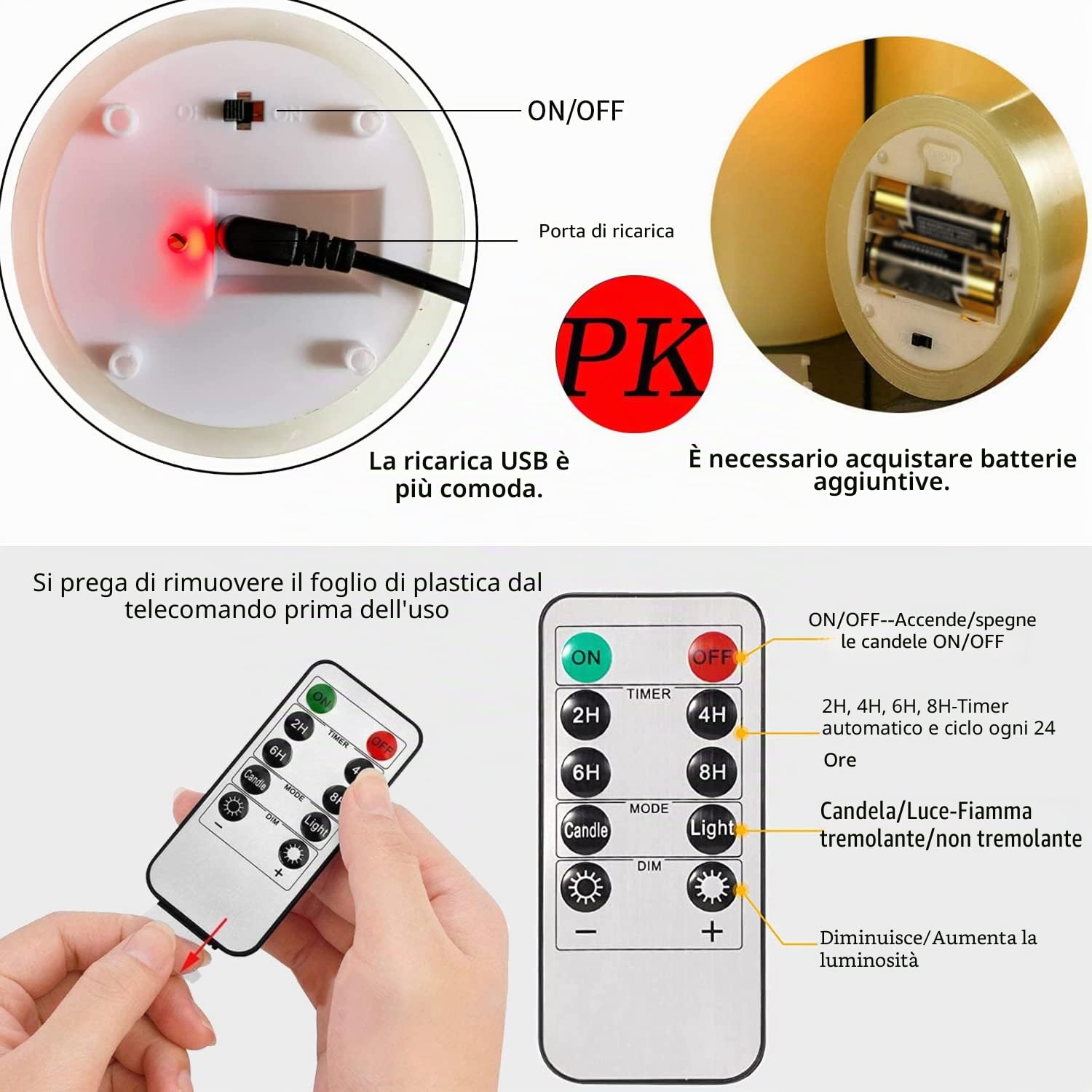 Candele LED Ricaricabili con Telecomando - Candele Senza Fiamma con Timer, Effetto Tremolante, Ideali per Decorazioni Festive - 7.5 x 10 cm