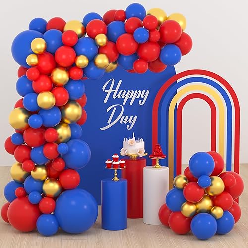 Miniatura 1 de Kit de guirnalda de globos de color rojo, azul y dorado, 109 globos azul oscuro, rojo metálico dorado para cumpleaños, niños, baby shower, araña,